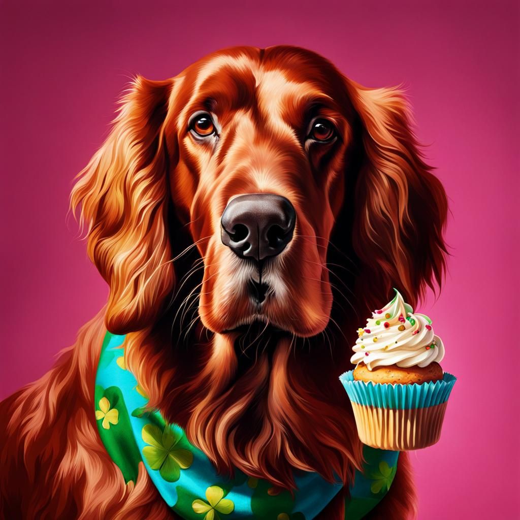 Hyperrealistic Irish Setter Enjoys a Cupcake