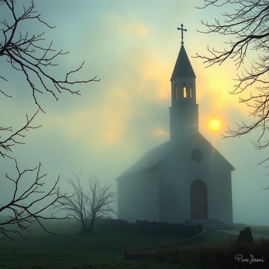 Surreal Rural Chapel Emerges from Morning Mist in Golden Lig...