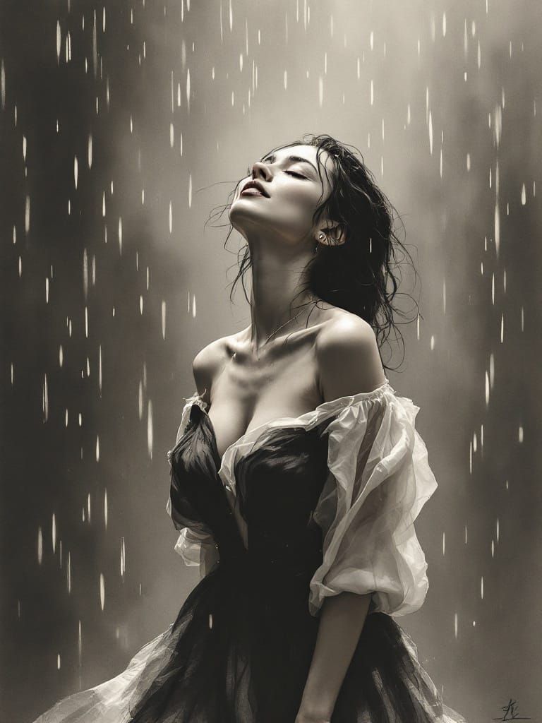 Japanese Ink Brush Art: Woman Embracing the Storm