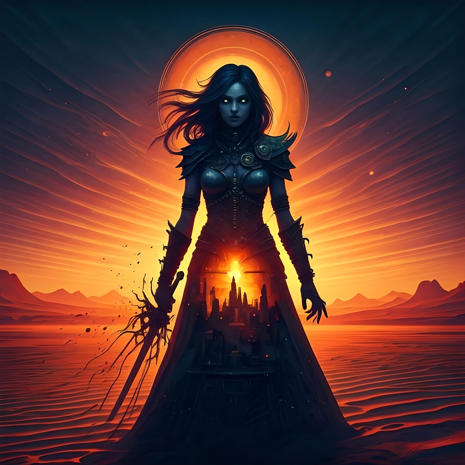 Warrior Woman in Steampunk Desert City