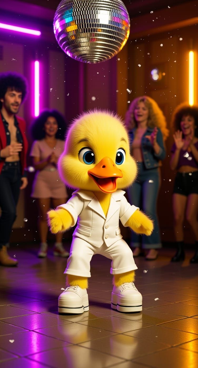 Duckling Strikes Saturday Night Fever Pose on Disco Floor