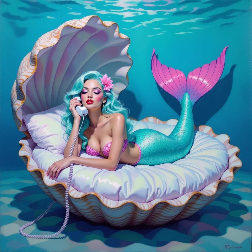 Mermaid Chatting on Seashell Phone, Neo-Impressionism