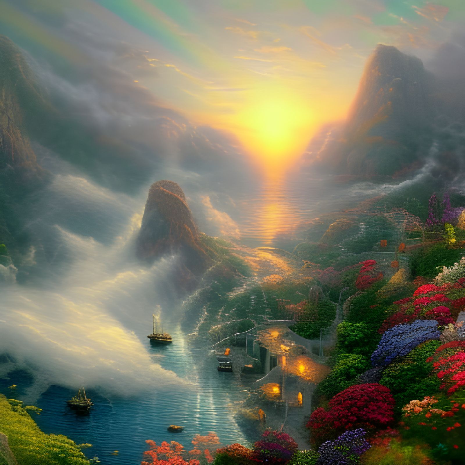 Ethereal Lion's Head in Misty Fantasy Landscape