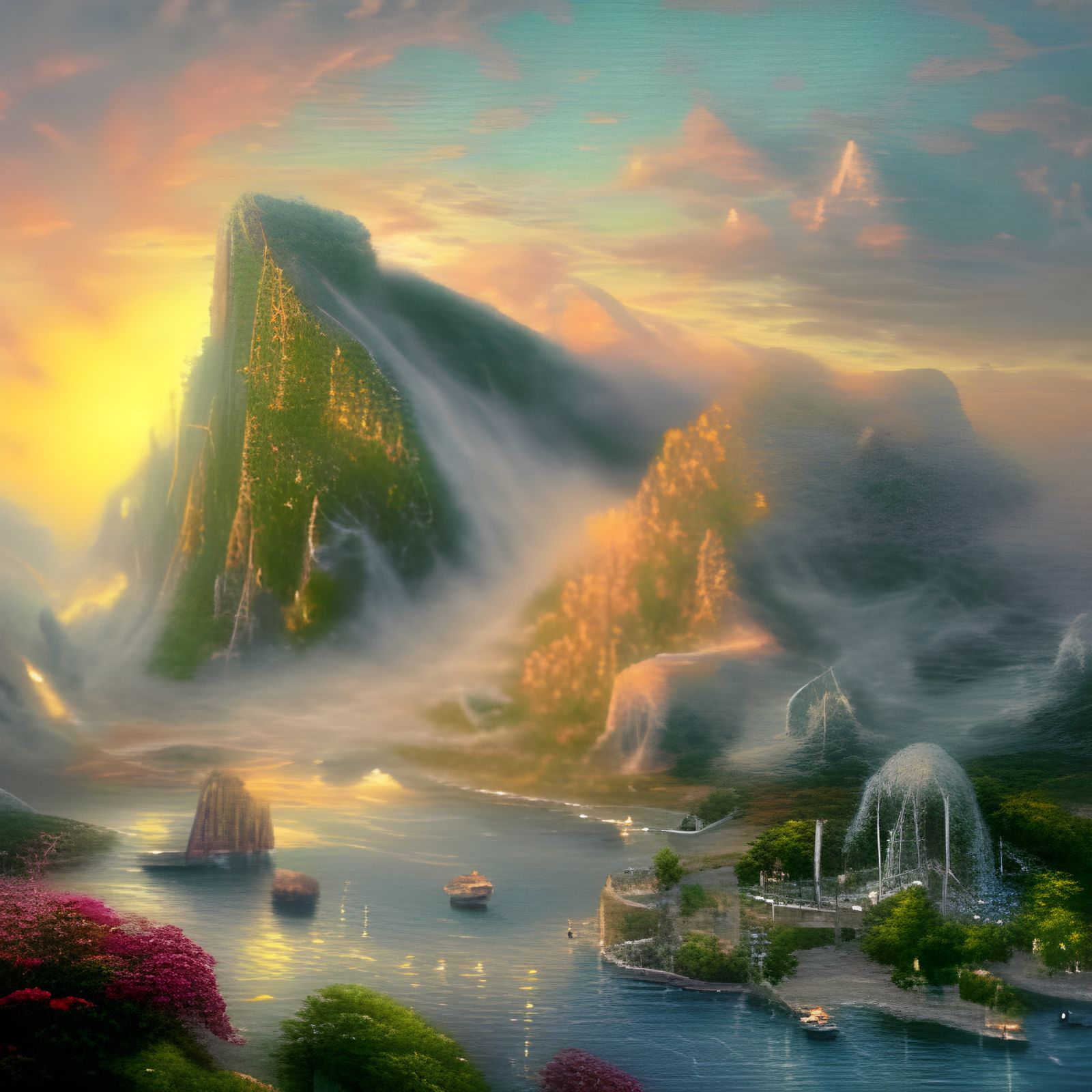 Ethereal Lion's Head in Misty Fantasy Landscape