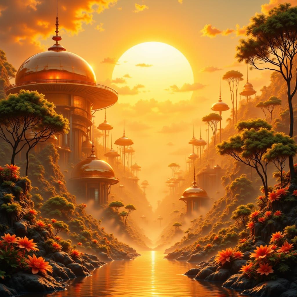 Solar-Punk Utopia with Orange and Amber Hues