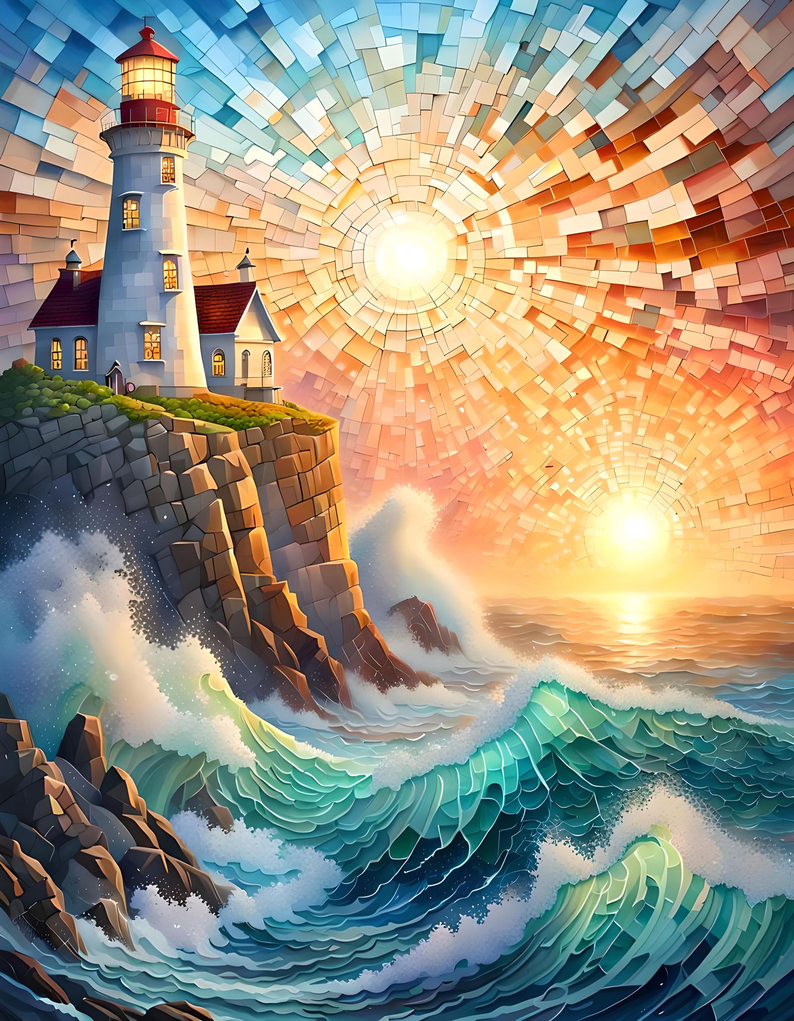 Surreal Ocean Waves Crash Against Lighthouse Cliff