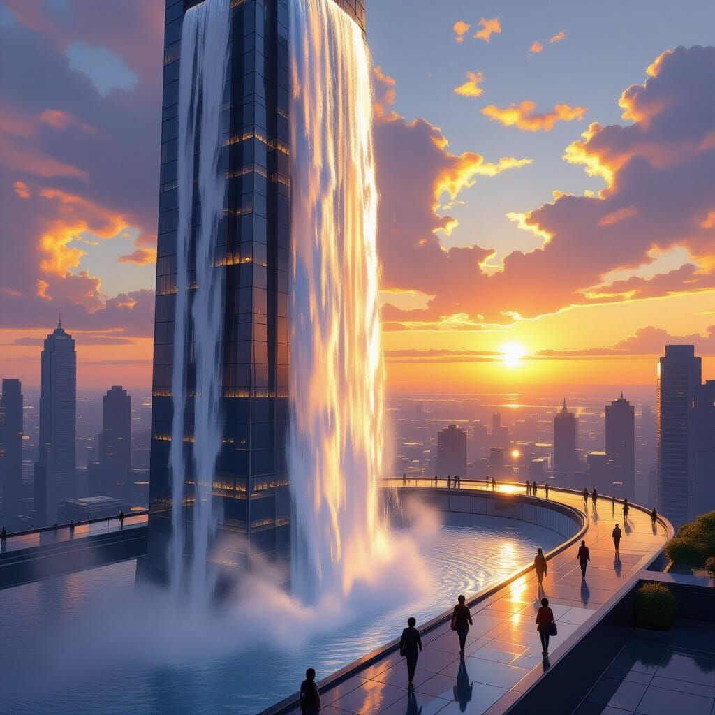 Waterfall Skyscraper: Retro-Futuristic Cityscape