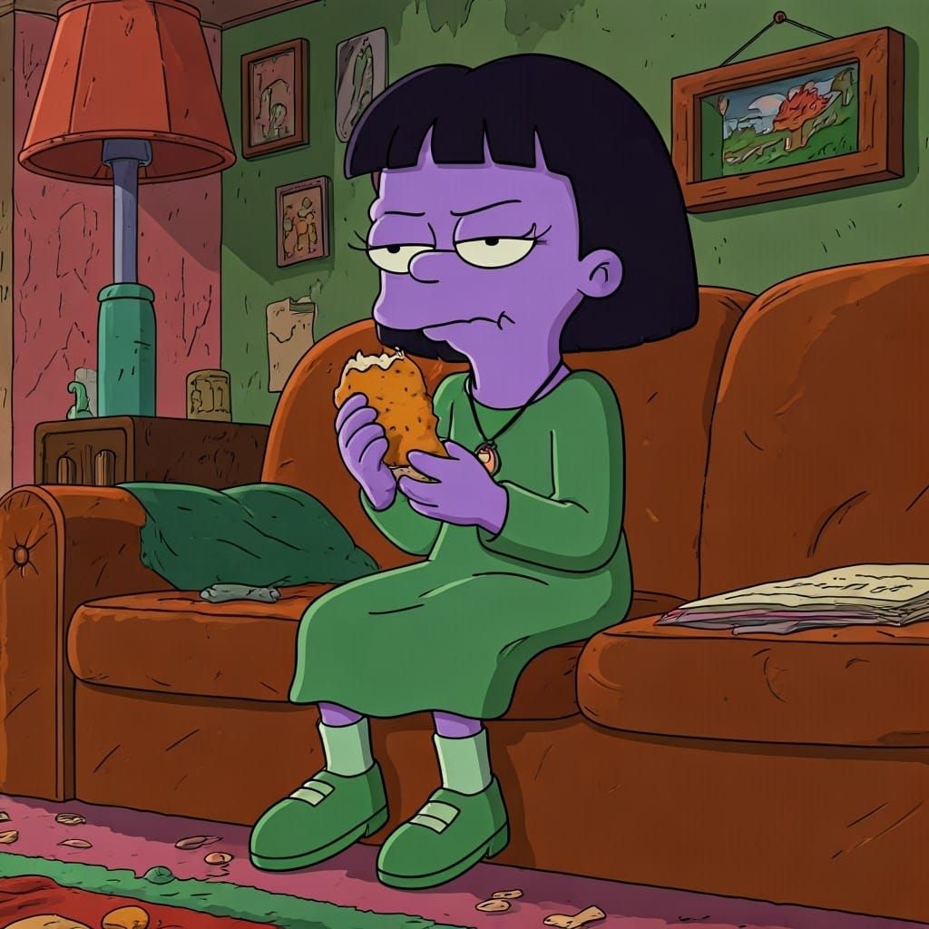 Grouchy Purple Girl Dominates Couch with Fried Chicken