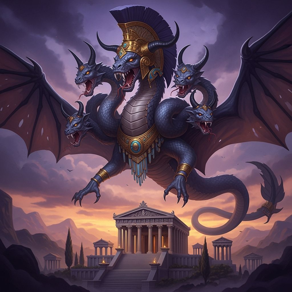 Horned Greek Hydra with Headdress Flies Over Palace