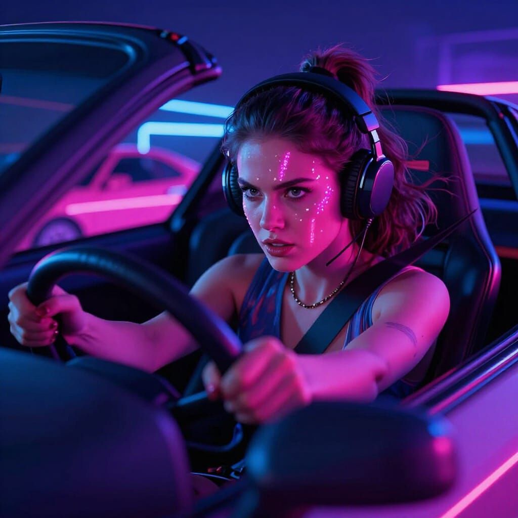 Intense Woman Driving Fast with Neon Reflections