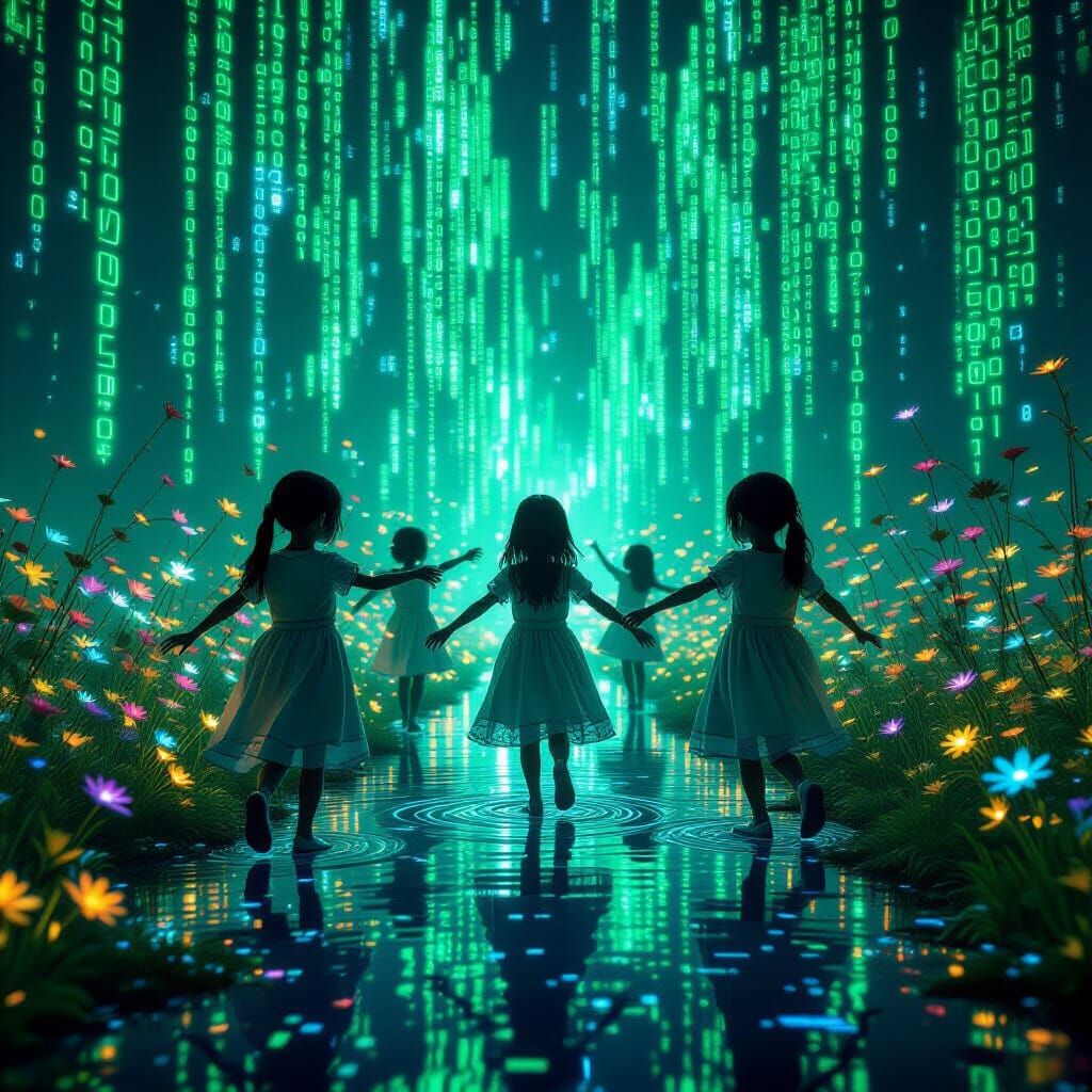 Children of Code Dance in Digital Matrix Nature