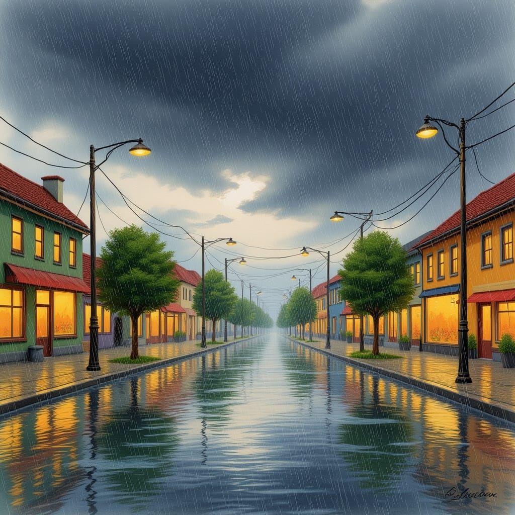 Summer Storm Watercolor: Town Street Reflections