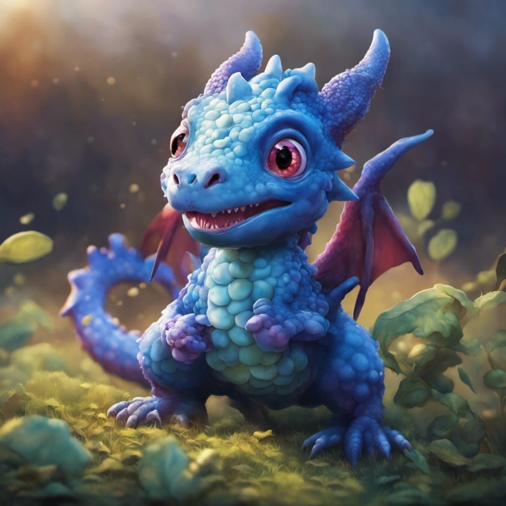 Cute Chubby Blue Baby Dragon in Field