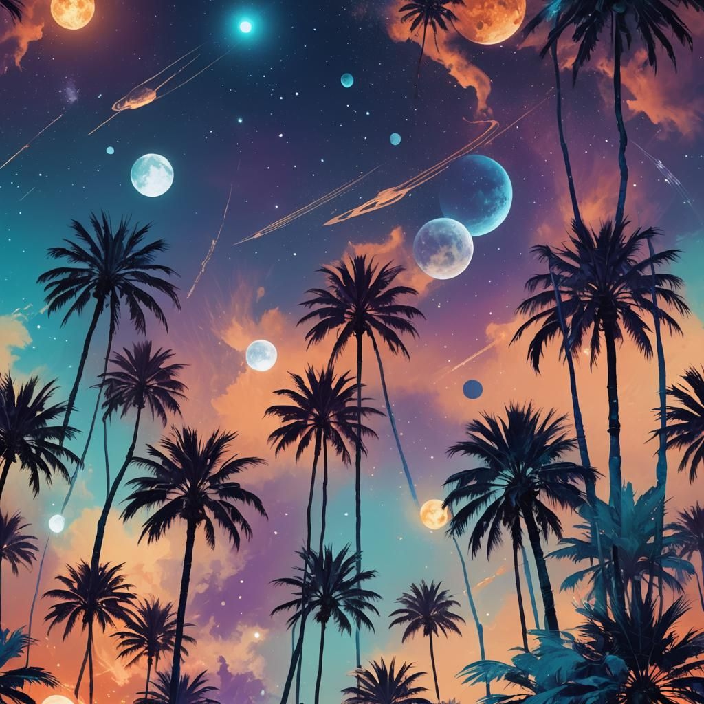 Palm Trees Under Jupiter Moons: Surrealist Concept Art