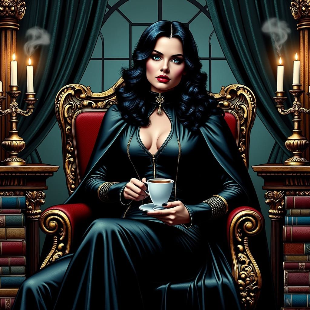 Regal Vampire Superhero Sips Coffee in Dark, Gothic Lair