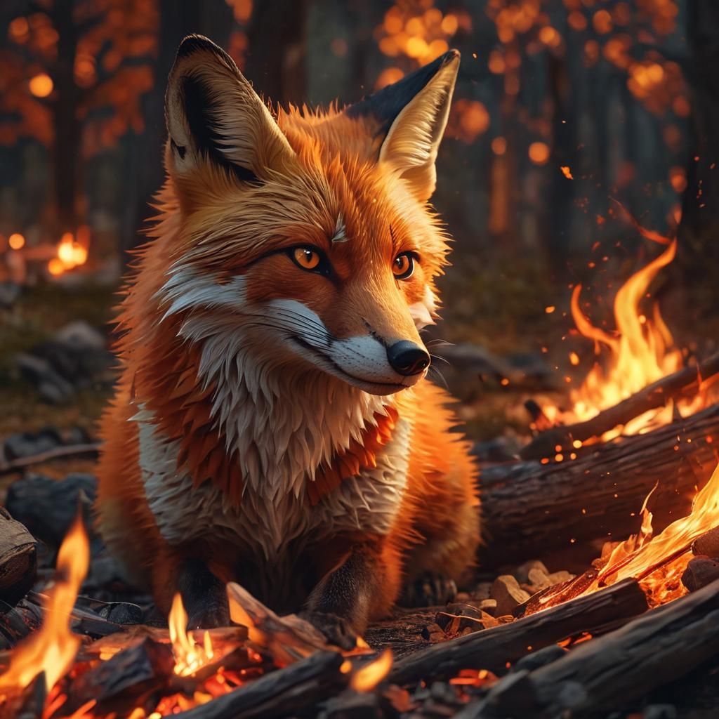 Fiery Fox Emerging from Campfire at Night