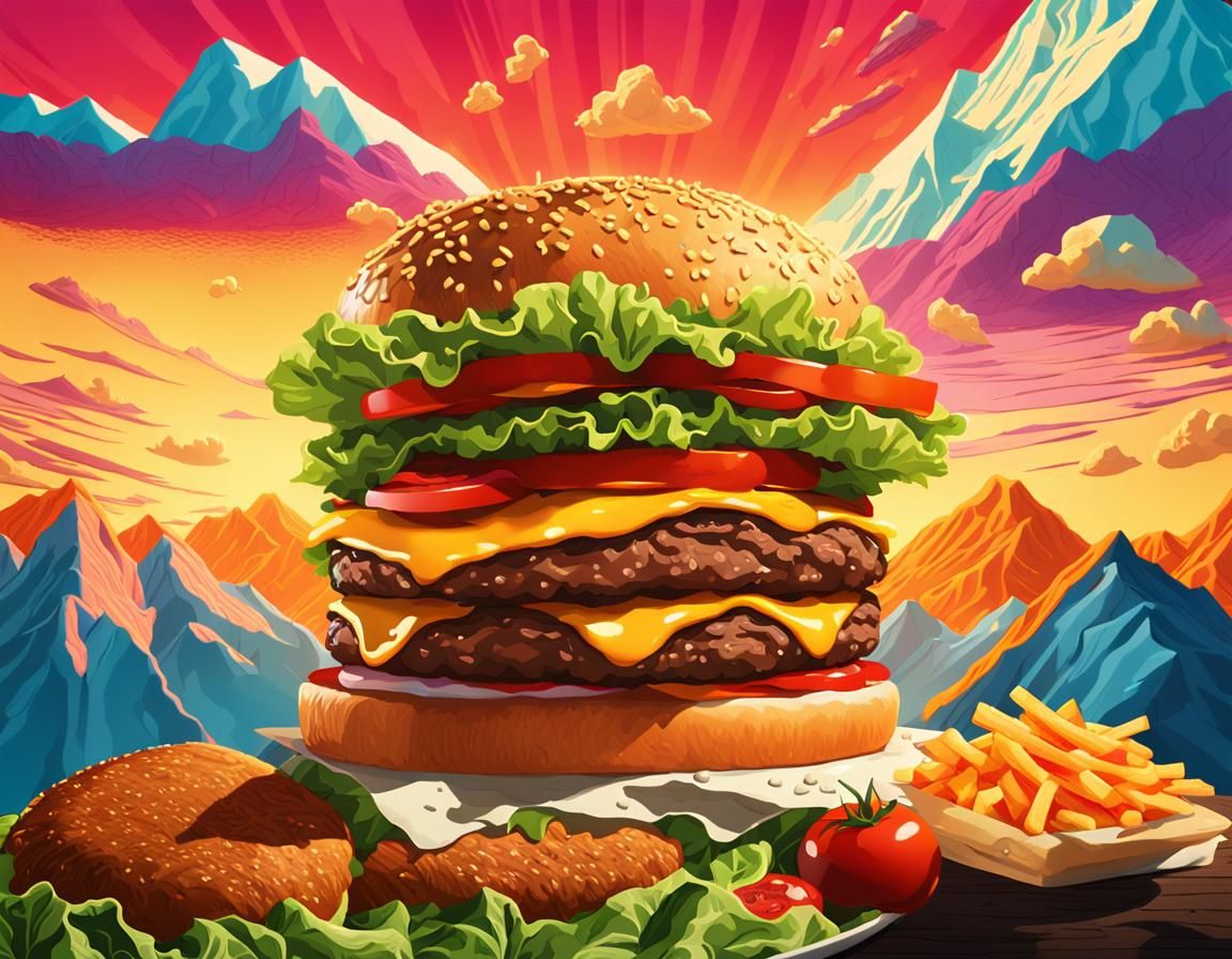 Colossal Burger in Miniature Mountain Landscape, Pop Art