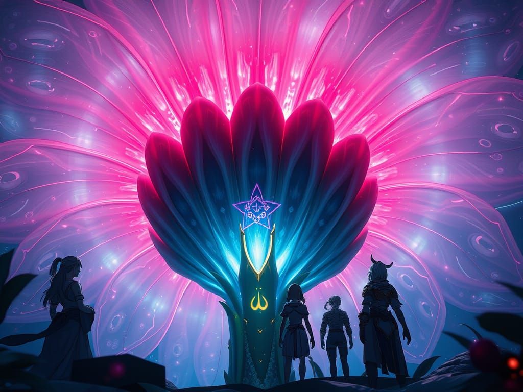Bioluminescent Giant Flower in Hyper-realistic Anime Style