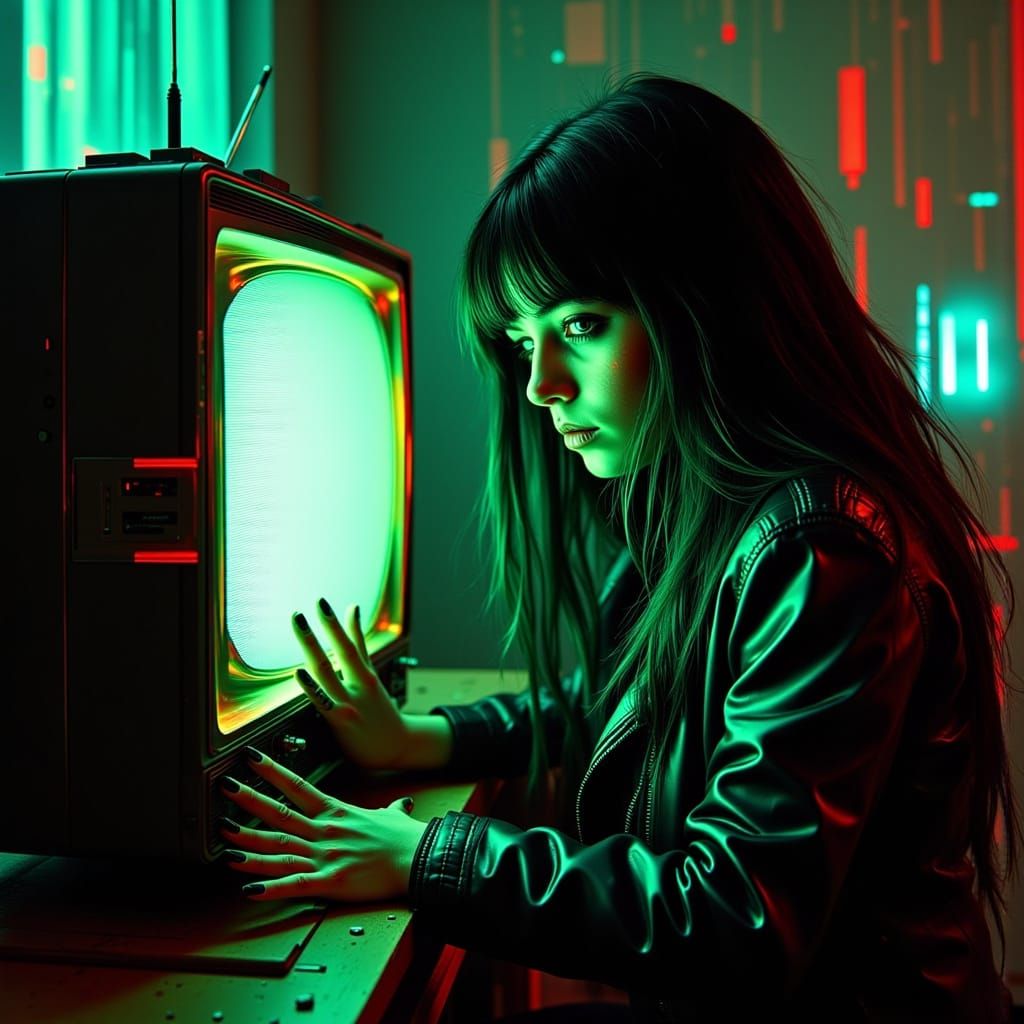 Glitchpunk Girl Emerges from Vintage TV