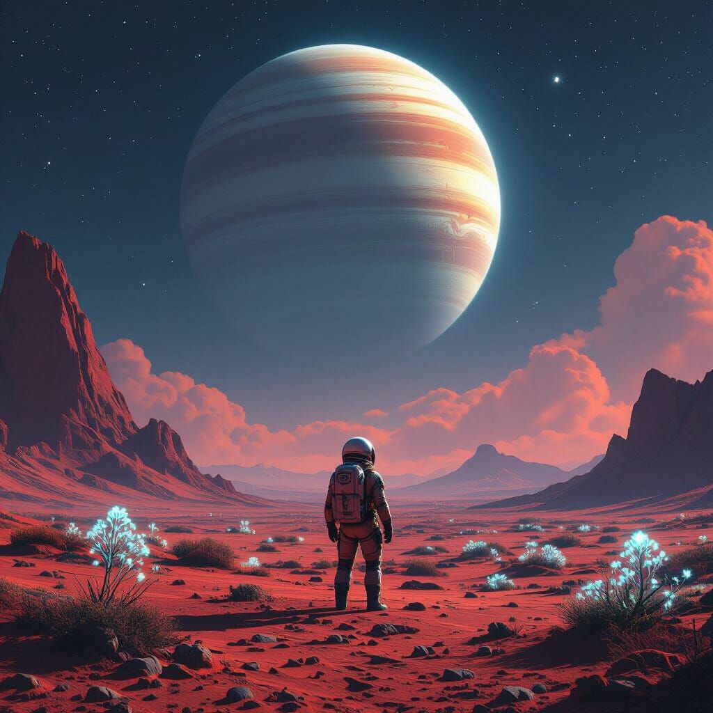 Astronaut Gazes at Ringed Gas Giant on Alien World