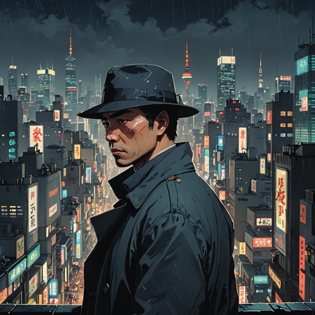 Japanese Detective in Noir Cityscape