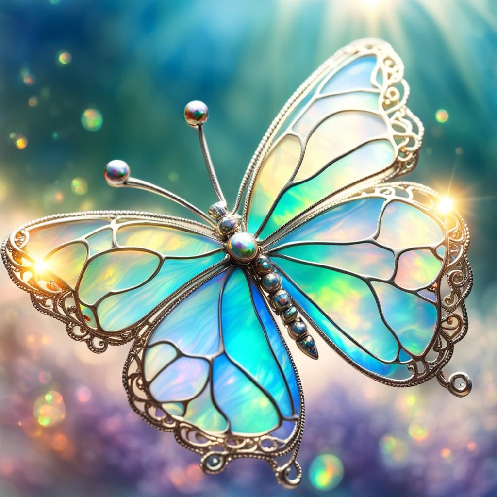 Opal Butterfly with Silver Filigree in Elven Style