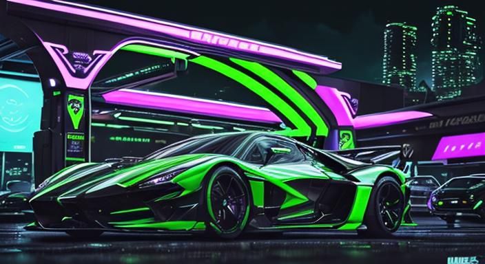 Futuristic Neon Hypercar at Gas Station