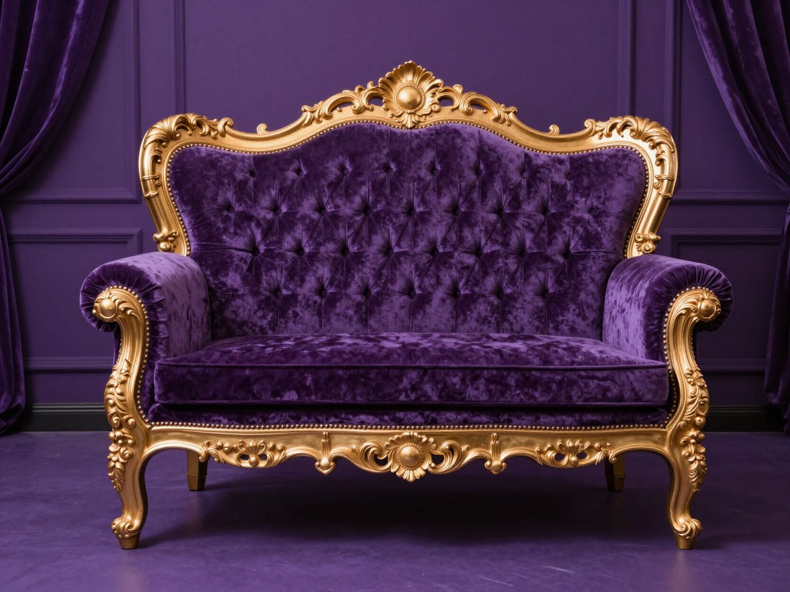 Opulent Purple Baroque Sofa with Gold Frame