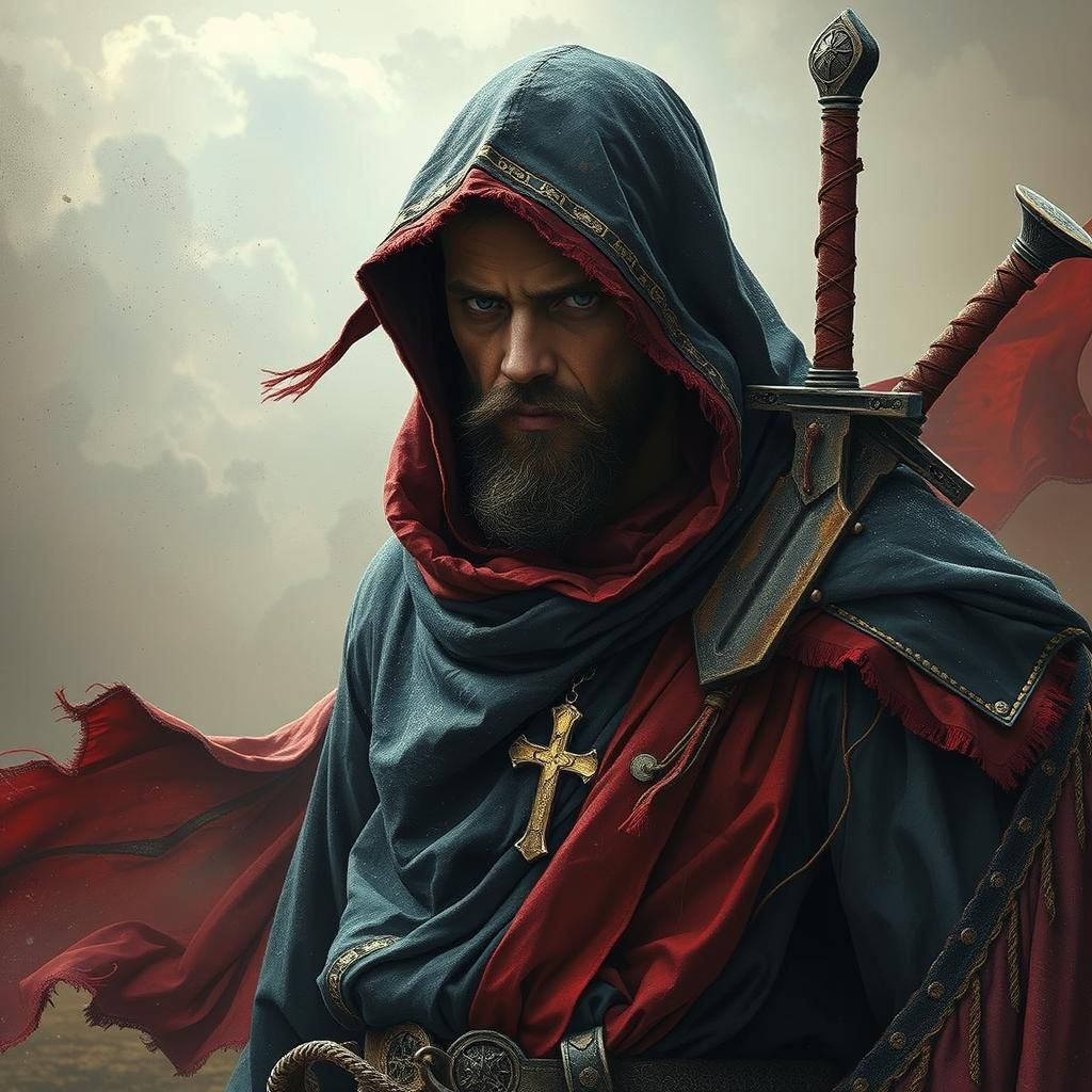 Monk in Gothic Wasteland with Weathered Crosses