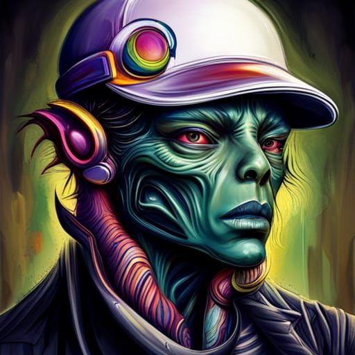 Alien Graffiti Art with Futuristic Trucker Hat