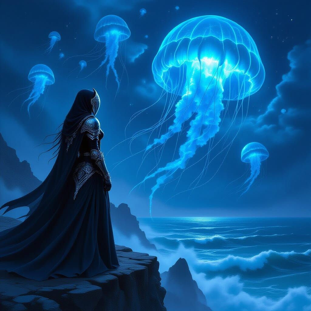 Knight in Obsidian Armor on Cliff Overlooking Bioluminescent...