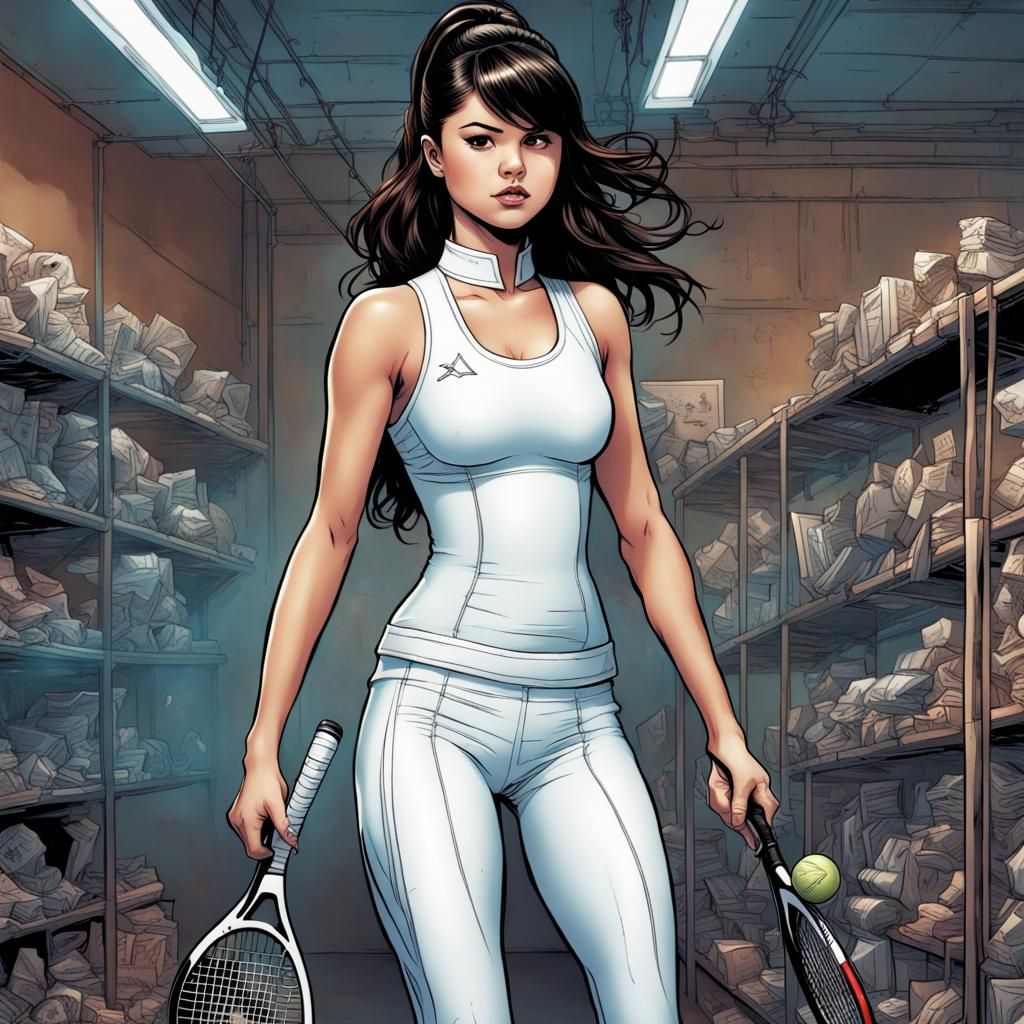 Selena Gomez in Tennis Outfit, Comic Book Art