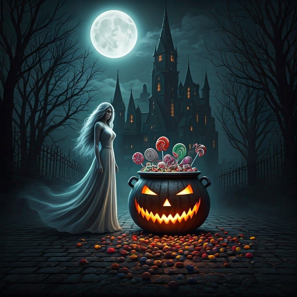 Ethereal White Witch and Halloween Pumpkin