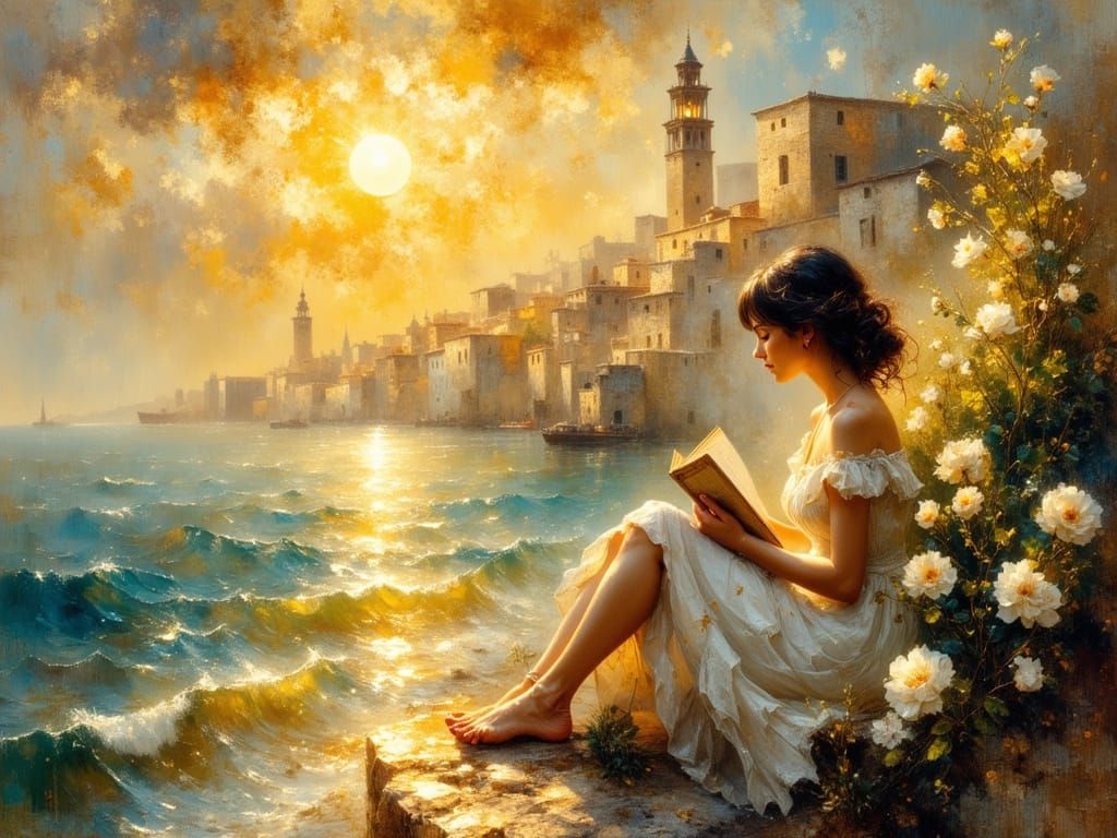 Girl with Rose by Ancient City Sea, Impressionist Style