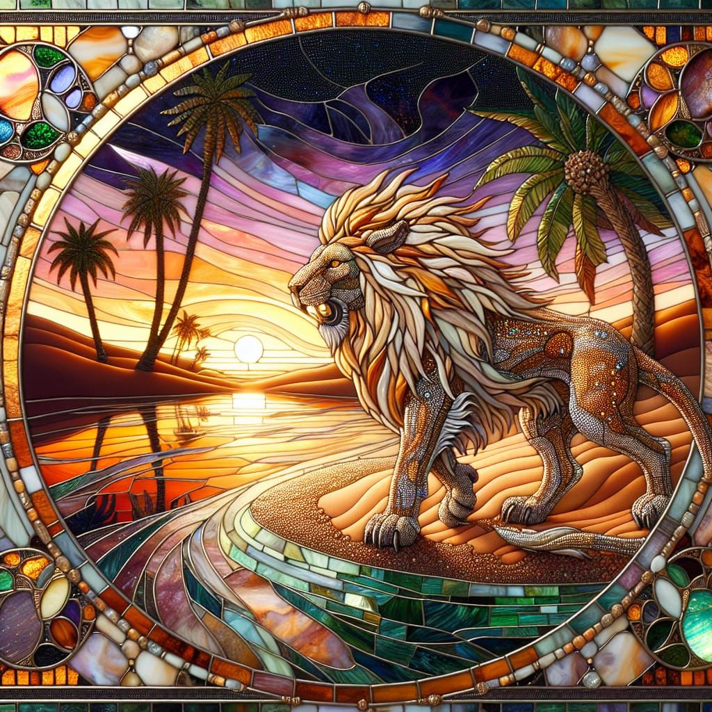 Fantasy Desert Oasis with Sand-Lion in Mosaic Style