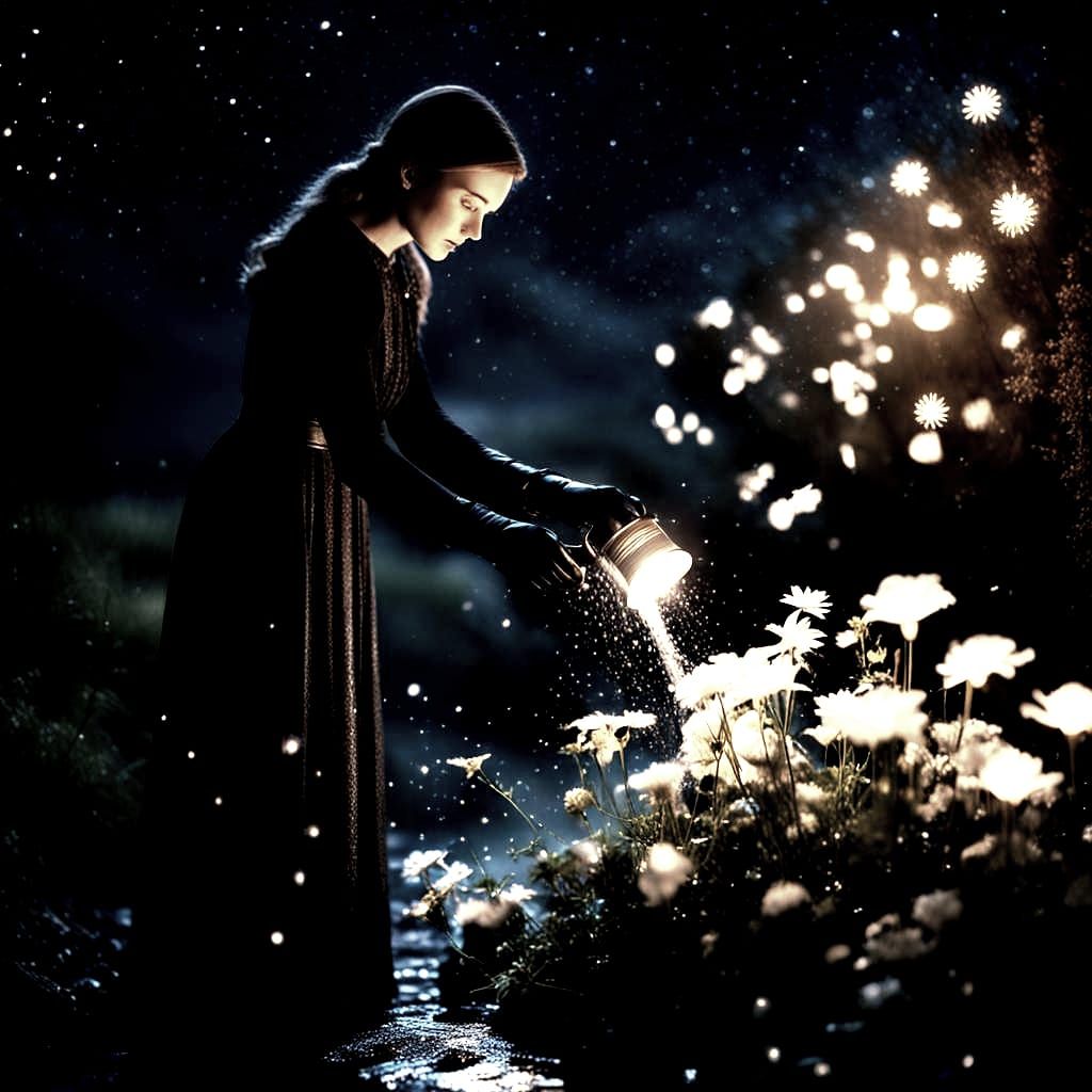 Woman Tending Star Flowers: Dreamlike Magical Realism
