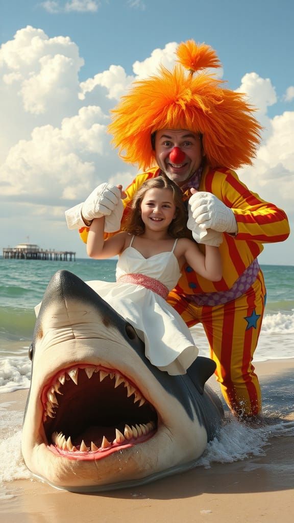 Heroic Circus Clown Saves Damsel in Distressed Seaside Scene