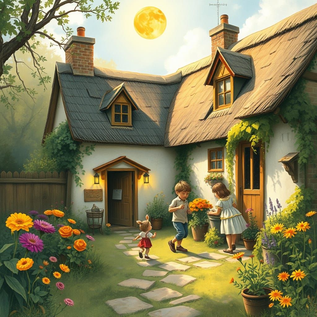 Children Playing by Cottage in Fairytale Style
