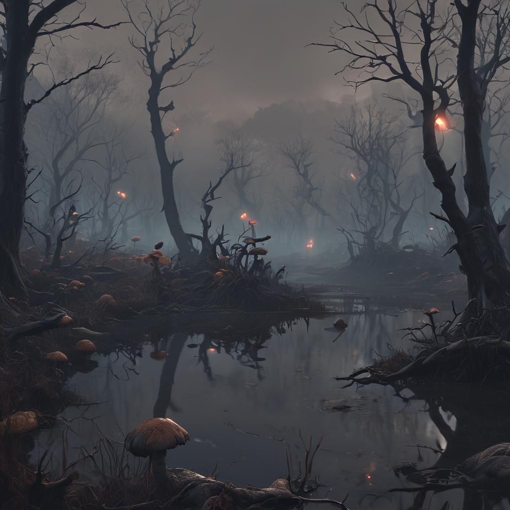 Eerie Dark Fantasy Marsh Landscape in Unreal Engine Style