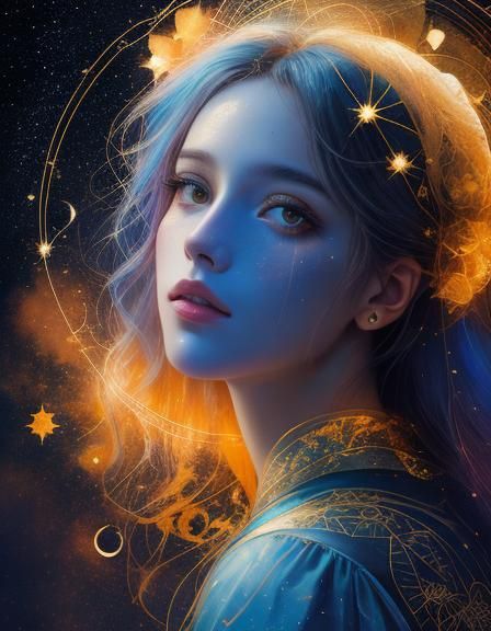 Woman as Virgo in Double Exposure Line Art