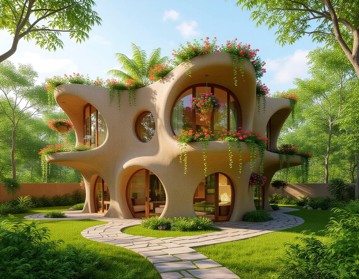 Biophilic Architecture: Futuristic Mud House with Flowers