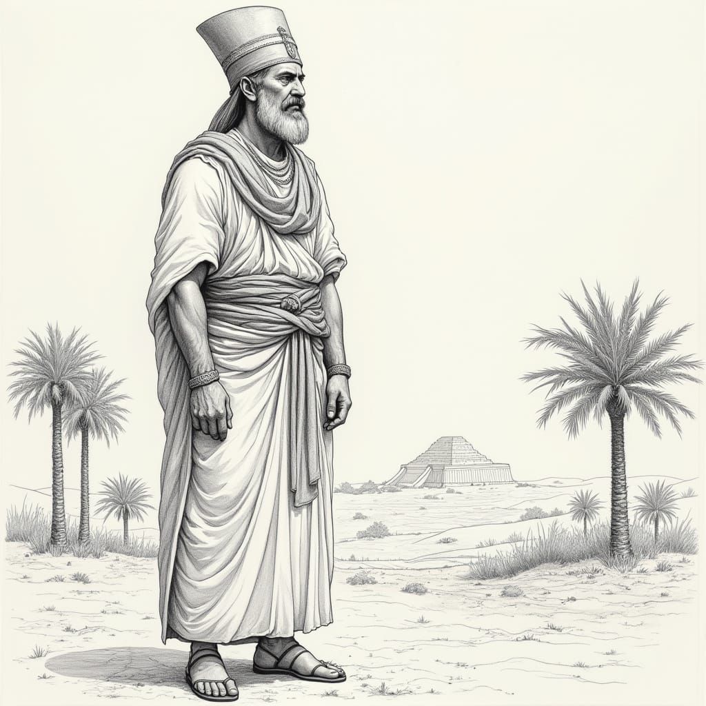 King Hammurabi in Mesopotamian Landscape, Pencil Sketch