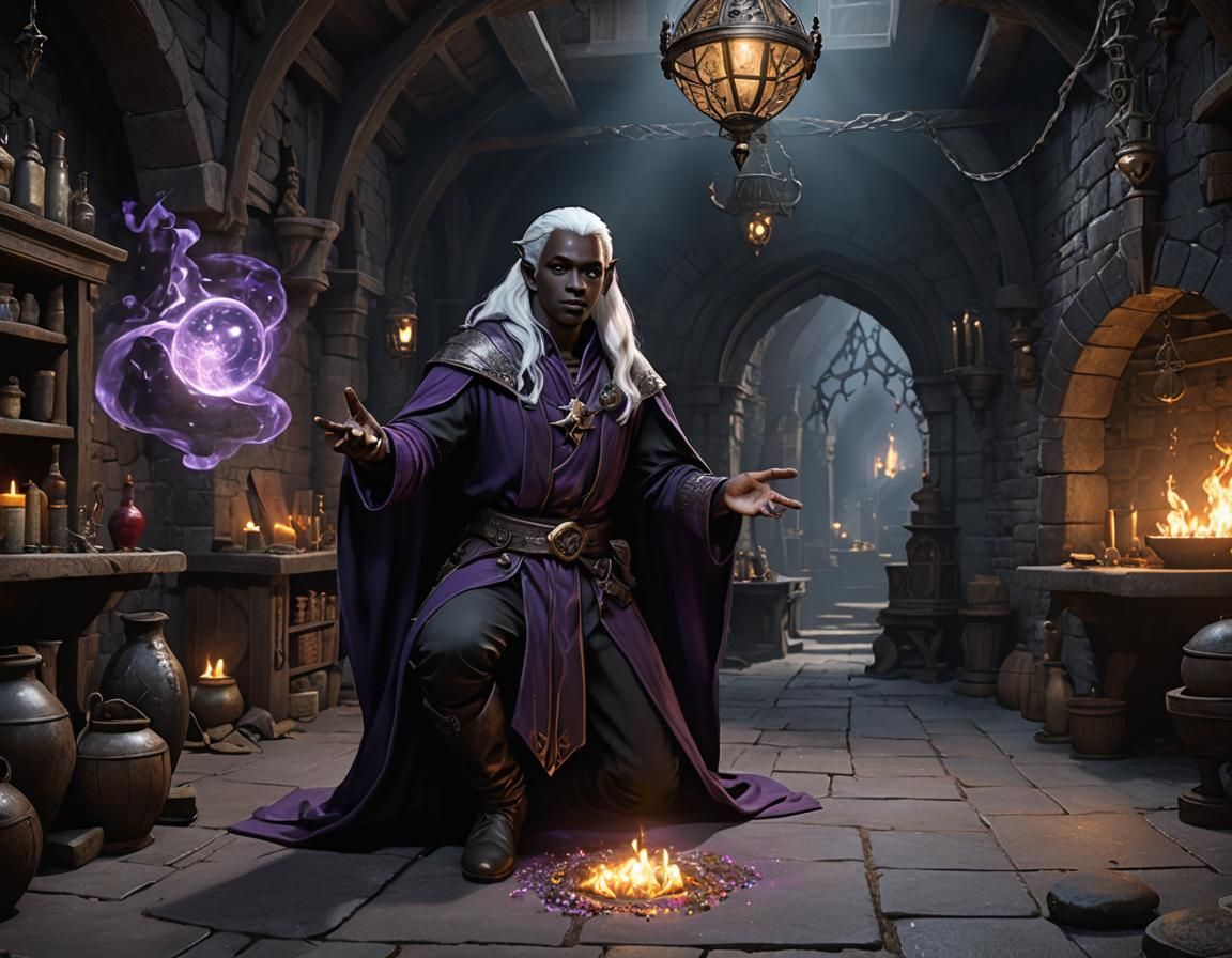Drow Wizard Casting Spell in Underground Workshop