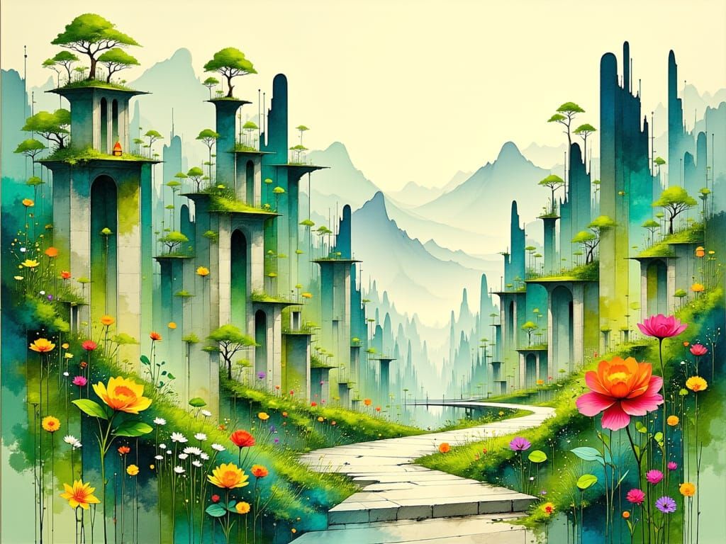 Surreal Utopian Cityscape Blooms with Vibrant Gardens