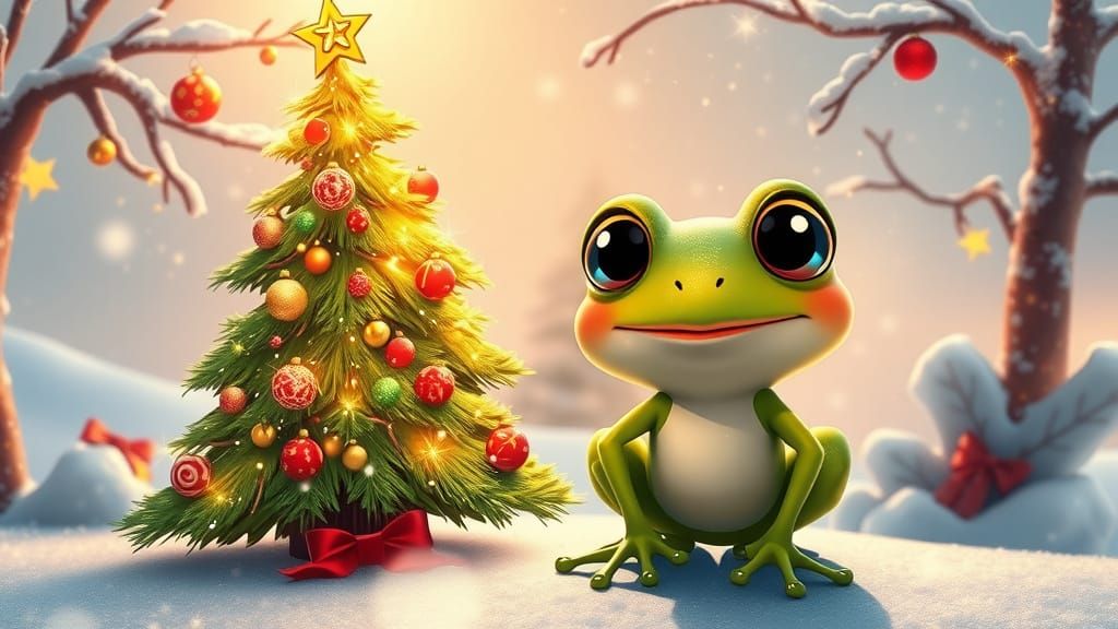 Whimsical Christmas Wonderland with Smiling Tree and Frog