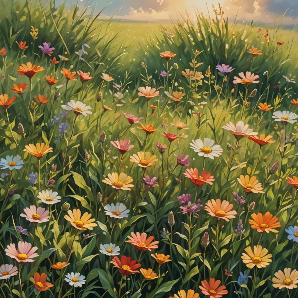 Sunlit Wildflowers in Serene Oil Painting Landscape