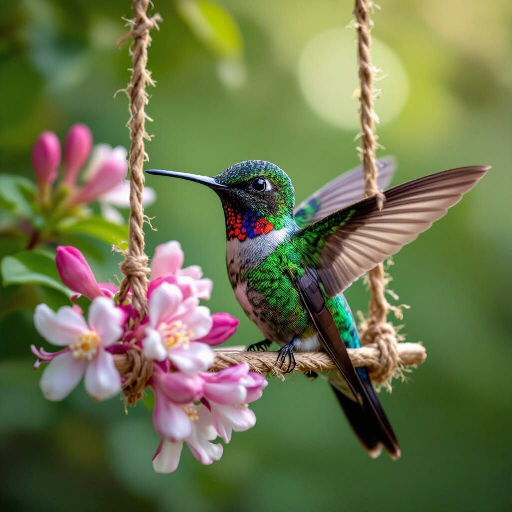 Iridescent Hummingbird on Swing in Macro Photograph