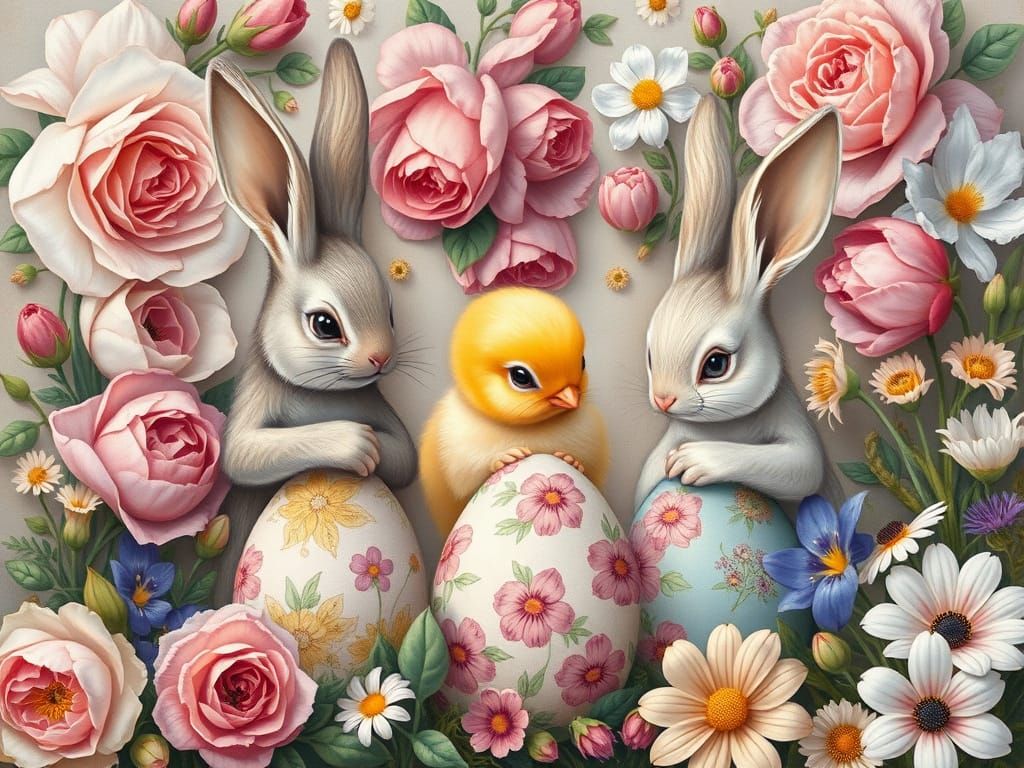 Bunnies Paint Easter Eggs in Renaissance Style