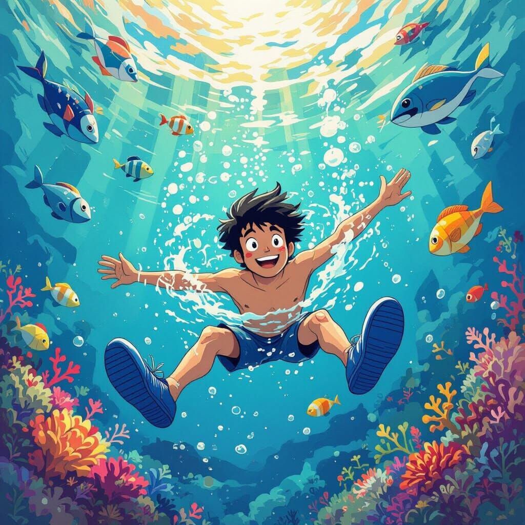 Man with Blue Shoes Swimming in Vibrant Ocean