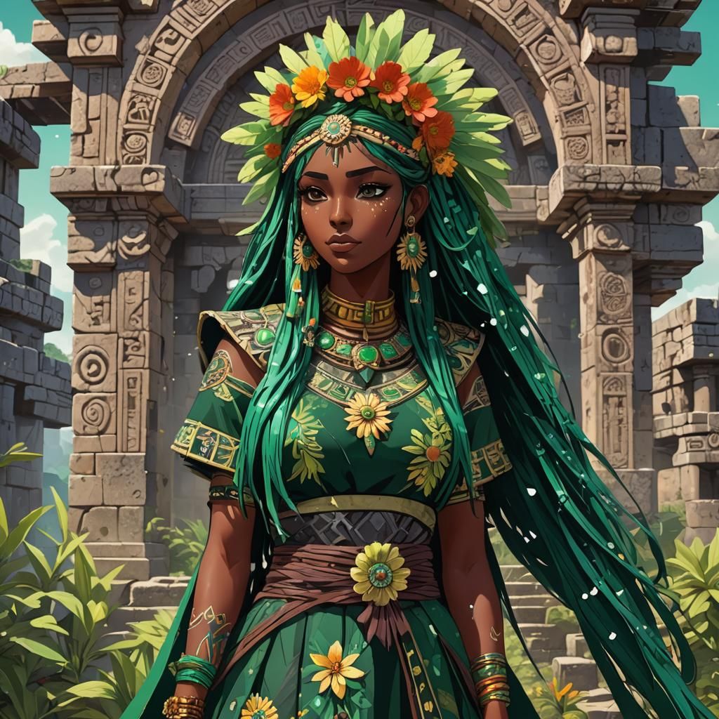 Latina Anime Girl with Obsidian Sword in Mayan Ruins